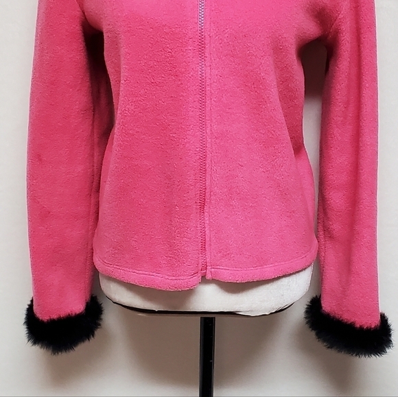 VINTAGE OOAK Upcycled Hot Pink Fleece Black Rabbit Fur Trim Full-zip Cardigan - Picture 8 of 16